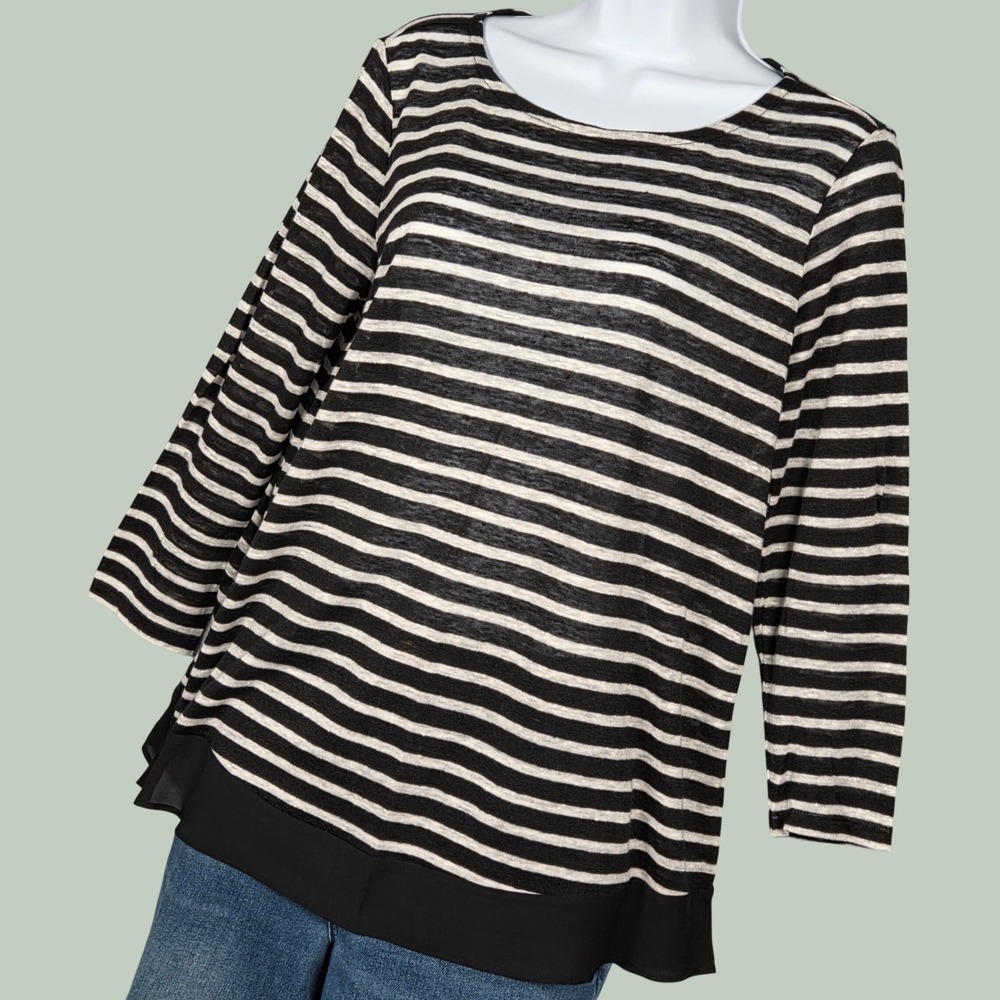 Lauren Ralph Lauren Women Small Top Sailor Striped 100% Linen 3/4 Sleeve Top B&W